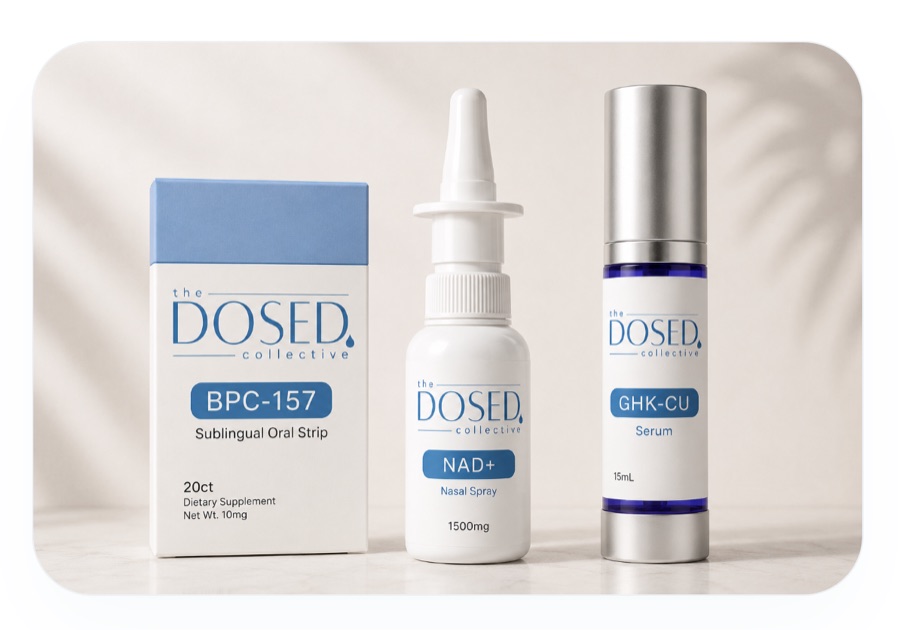 The Dosed Collective products: an oral strip box, a nasal spray and a serum bottle