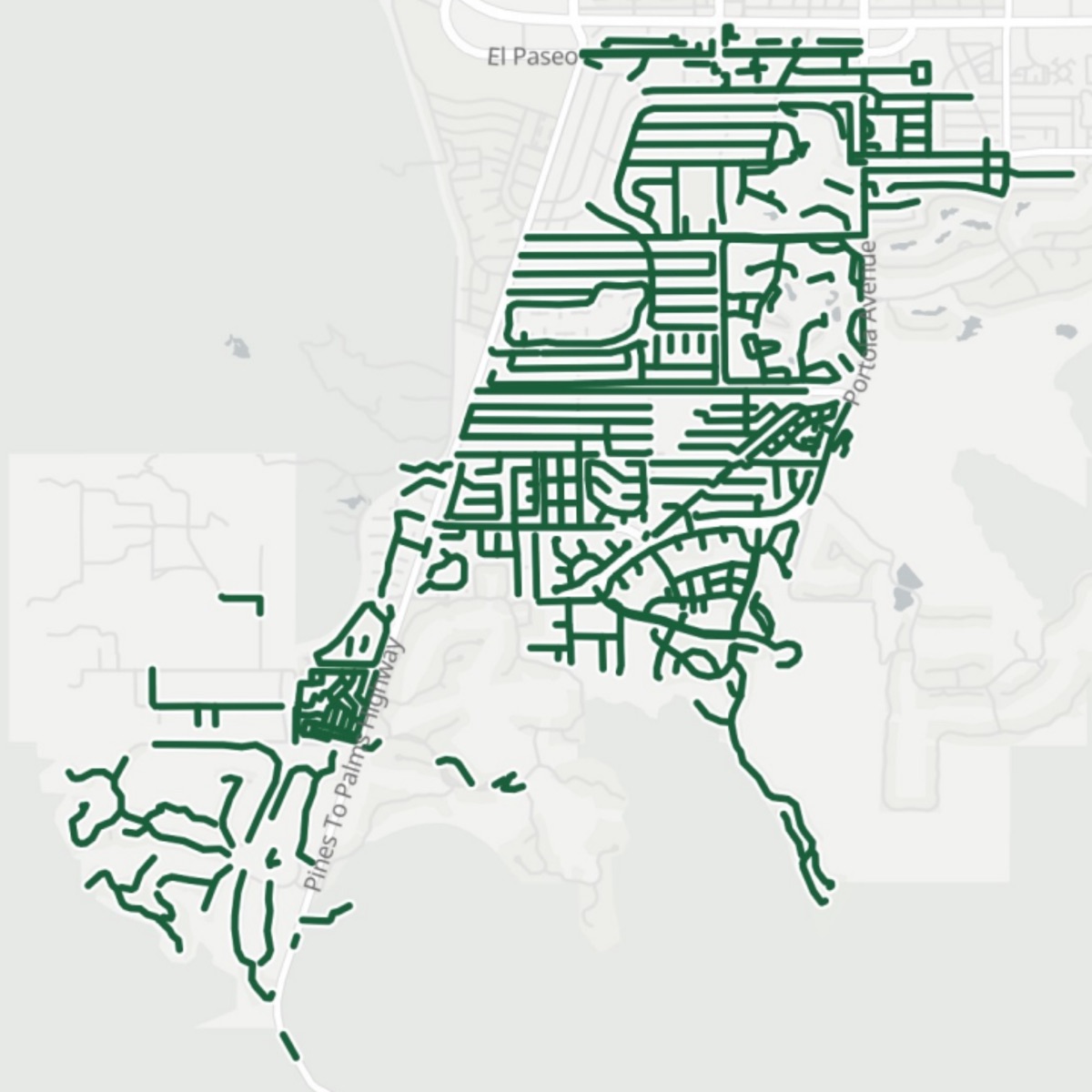 Map of the El Paseo mailing area, with the selected carrier routes outlined in green