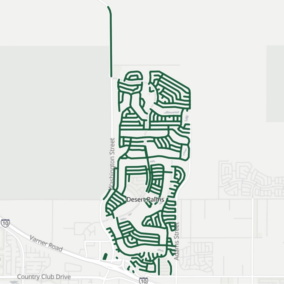 Map of the Sun City Palm Desert mailing area, with the selected carrier routes outlined in green